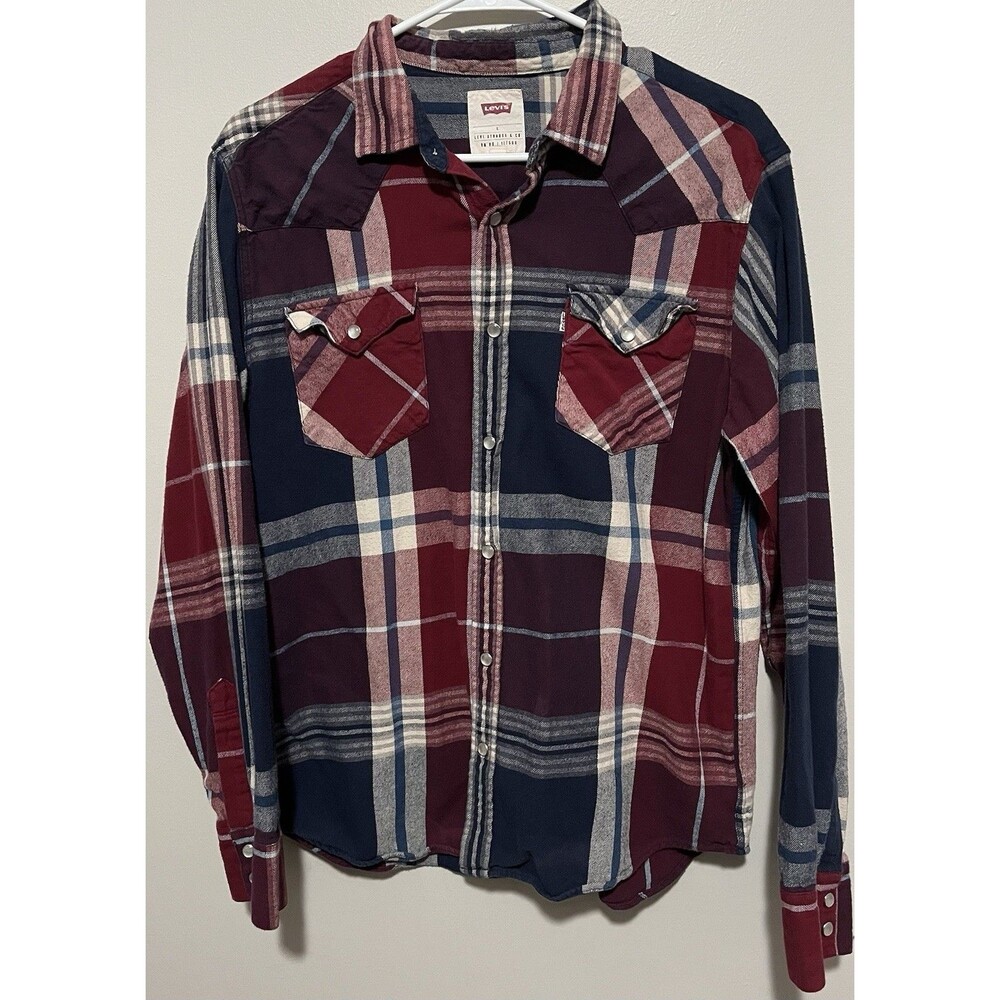 Levi’s Modern Western Red Blue Plaid Pearl Snap Button Up Shirt Collar Men L